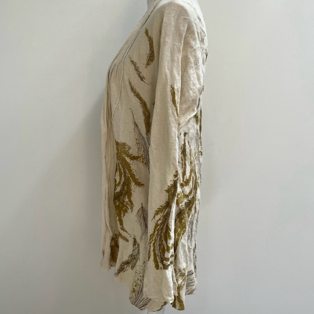 Anthropologie thin knit ecru gold metallic feather print open cardigan sweater M - Picture 2 of 11